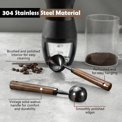 2Pcs Coffee Scoop for Ground Coffee - 1 Tbsp (15ml) & 2 Tbsp (30ml) Tablespoon Scoop, 304 Stainless Steel Coffee Measuring Spoon with Long Walnut Wood Handle, Black
