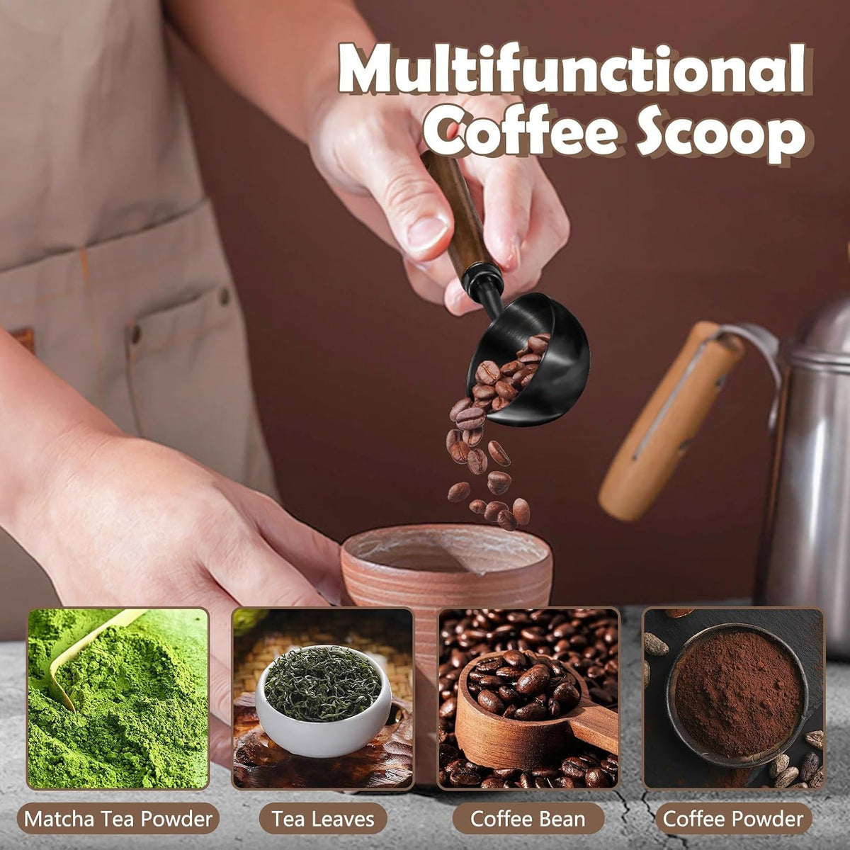 2Pcs Coffee Scoop for Ground Coffee - 1 Tbsp (15ml) & 2 Tbsp (30ml) Tablespoon Scoop, 304 Stainless Steel Coffee Measuring Spoon with Long Walnut Wood Handle, Black