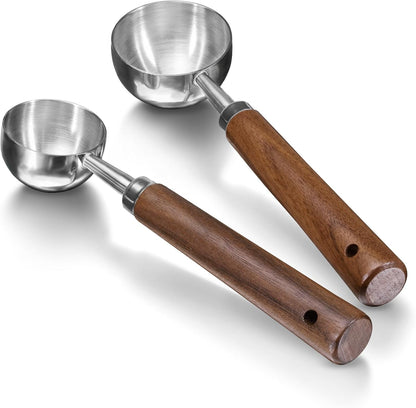 2Pcs Coffee Scoop for Ground Coffee - 1 Tbsp (15ml) & 2 Tbsp (30ml) Tablespoon Scoop, 304 Stainless Steel Coffee Measuring Spoon with Long Walnut Wood Handle, Black