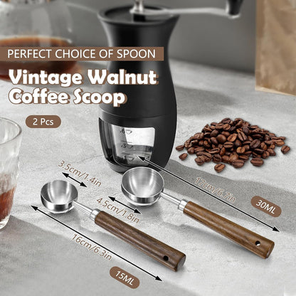 2Pcs Coffee Scoop for Ground Coffee - 1 Tbsp (15ml) & 2 Tbsp (30ml) Tablespoon Scoop, 304 Stainless Steel Coffee Measuring Spoon with Long Walnut Wood Handle, Black