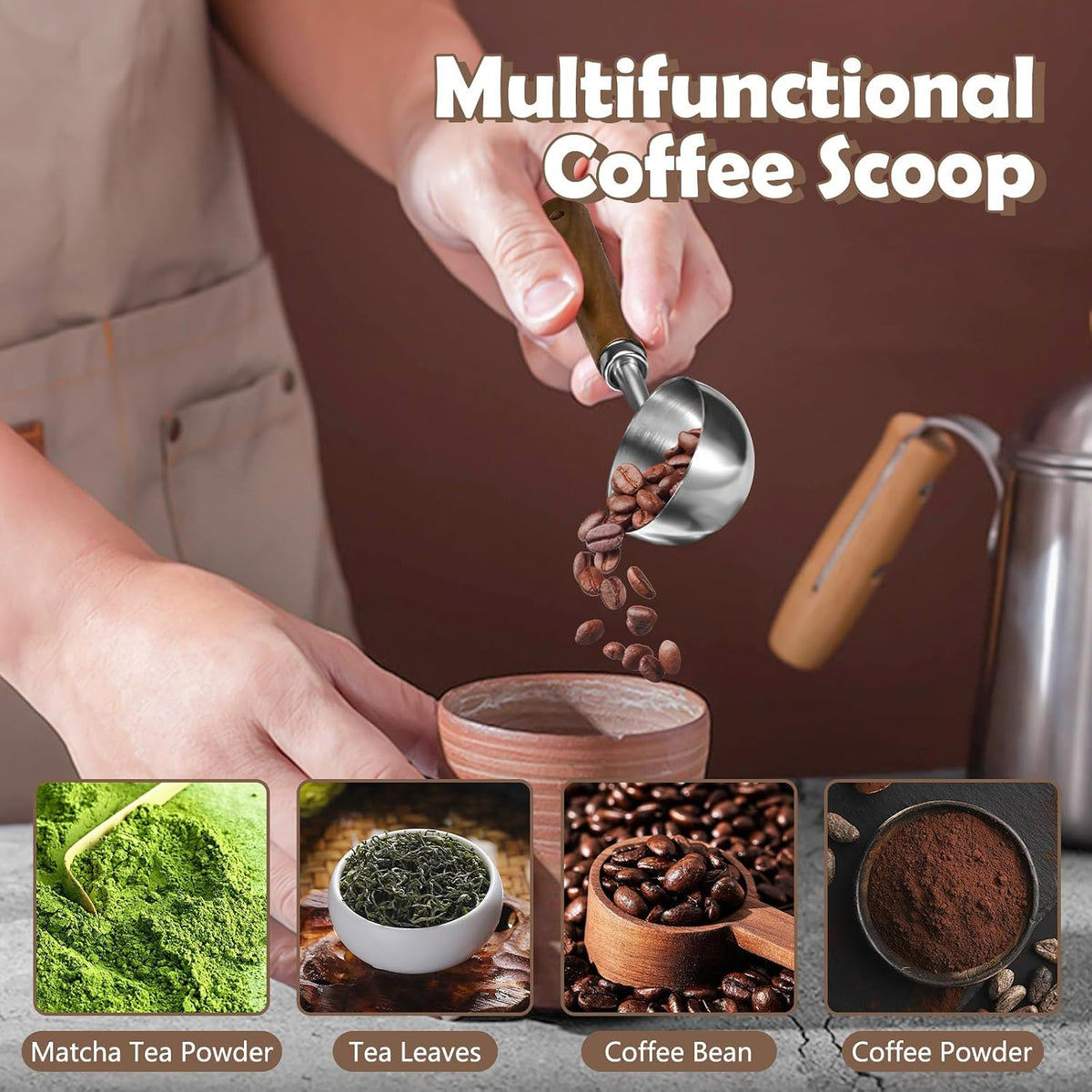 2Pcs Coffee Scoop for Ground Coffee - 1 Tbsp (15ml) & 2 Tbsp (30ml) Tablespoon Scoop, 304 Stainless Steel Coffee Measuring Spoon with Long Walnut Wood Handle, Black