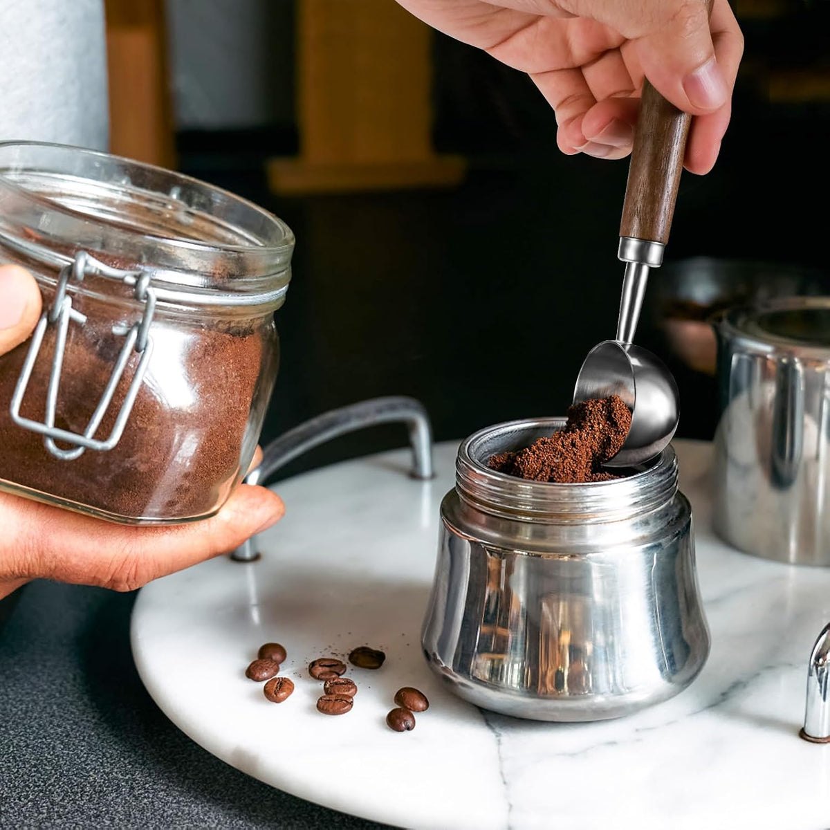 2Pcs Coffee Scoop for Ground Coffee - 1 Tbsp (15ml) & 2 Tbsp (30ml) Tablespoon Scoop, 304 Stainless Steel Coffee Measuring Spoon with Long Walnut Wood Handle, Black