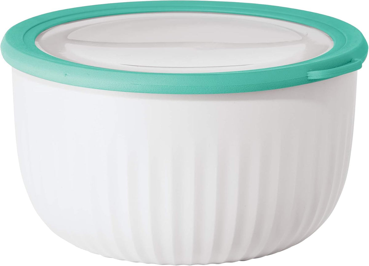 Prep, Store & Serve Plastic Bowl w/See-Thru Lid- Dishwasher, Microwave & Freezer Safe, (4 qt) White/Aqua