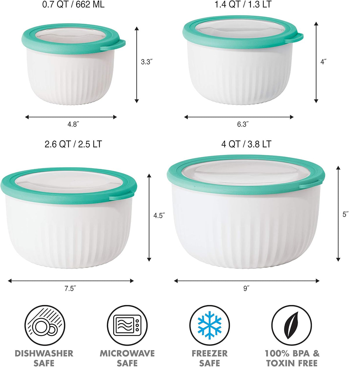 Prep, Store & Serve Plastic Bowl w/See-Thru Lid- Dishwasher, Microwave & Freezer Safe, (4 qt) White/Aqua
