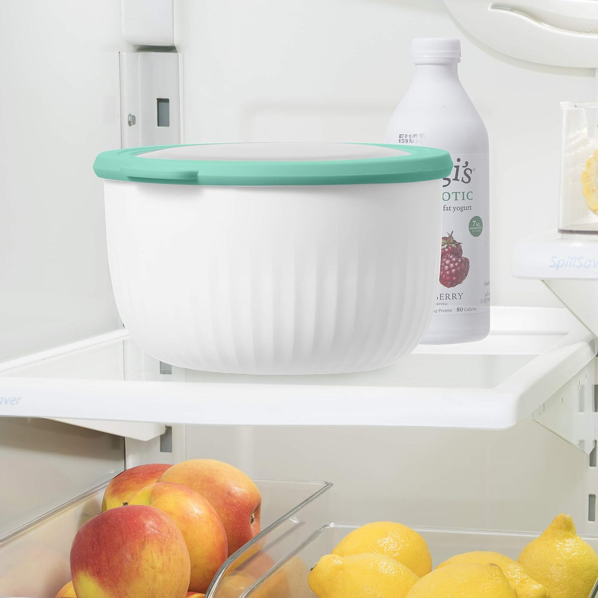 Prep, Store & Serve Plastic Bowl w/See-Thru Lid- Dishwasher, Microwave & Freezer Safe, (4 qt) White/Aqua