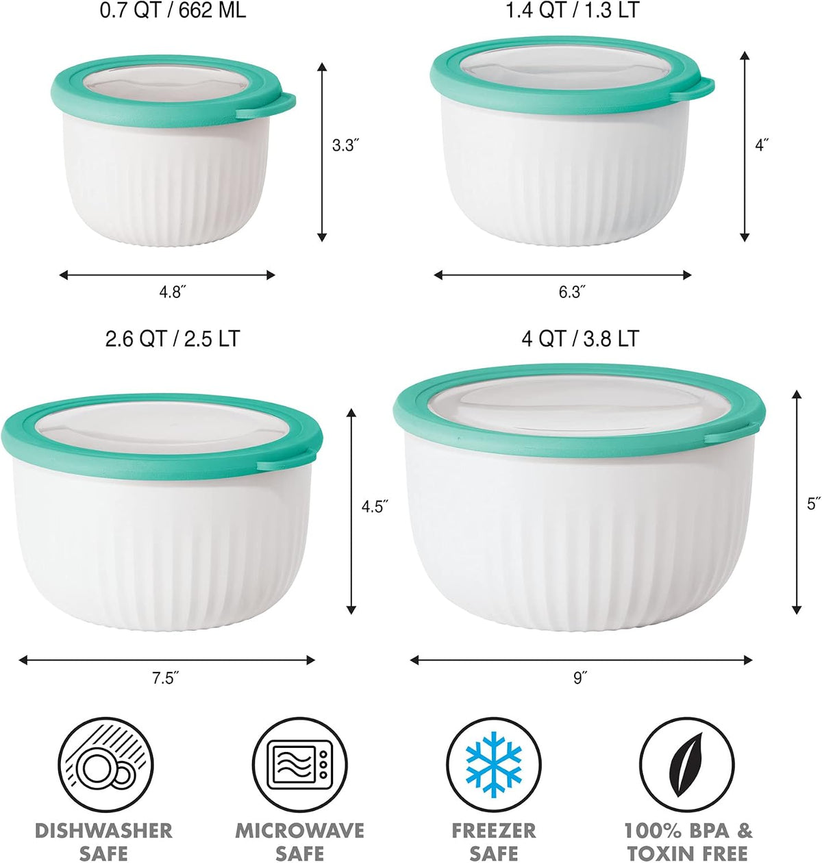 Prep, Store & Serve Plastic Bowl w/See-Thru Lid- Dishwasher, Microwave & Freezer Safe, (4 qt) White/Aqua