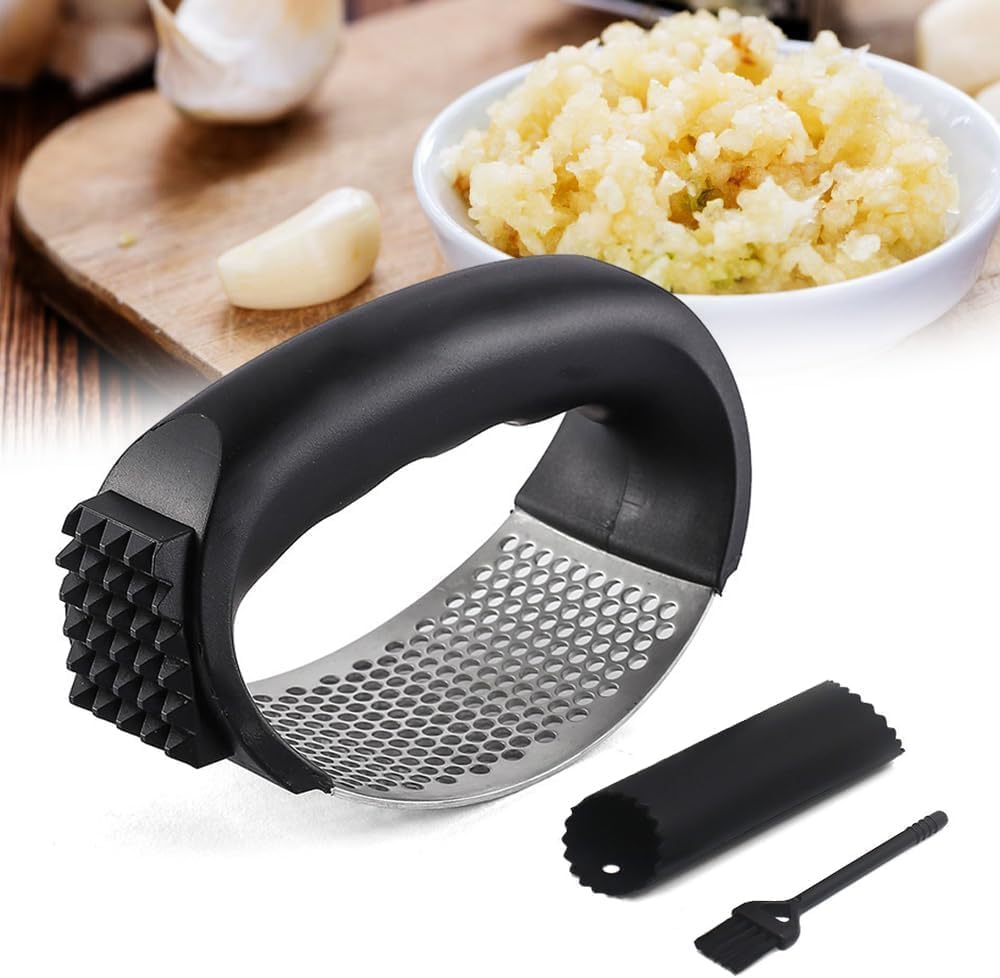 Stainless Steel Garlic Press Rocker Set, Garlic Press Rocker Stainless Steel, Garlic Crusher with Peeler & Cleaning Brush, Easy to Use Garlic Mincer for Kitchen Cooking, Garlic Chopper Tool (pink)