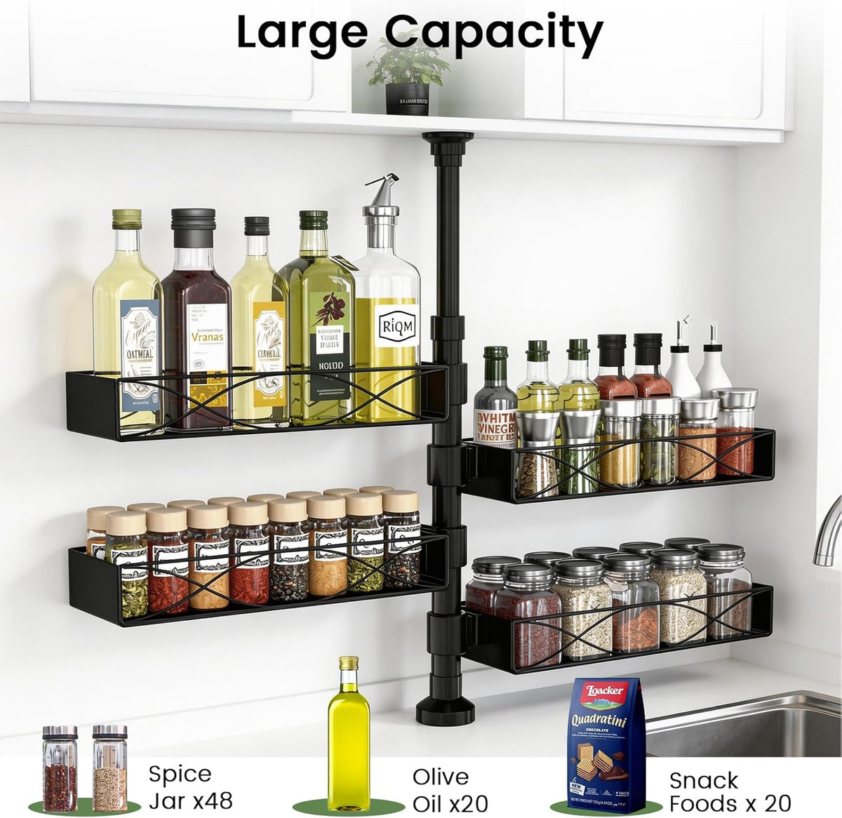 Spice Rack Organizer Tension Pole, 4-Tier Adjustable Spice Organizer | 16.5-23.6 Inch, Seasoning Organizer for Countertop, Space-Saving Spice Storage Corner Shelf for Kitchen, Coffee Area,No Drill