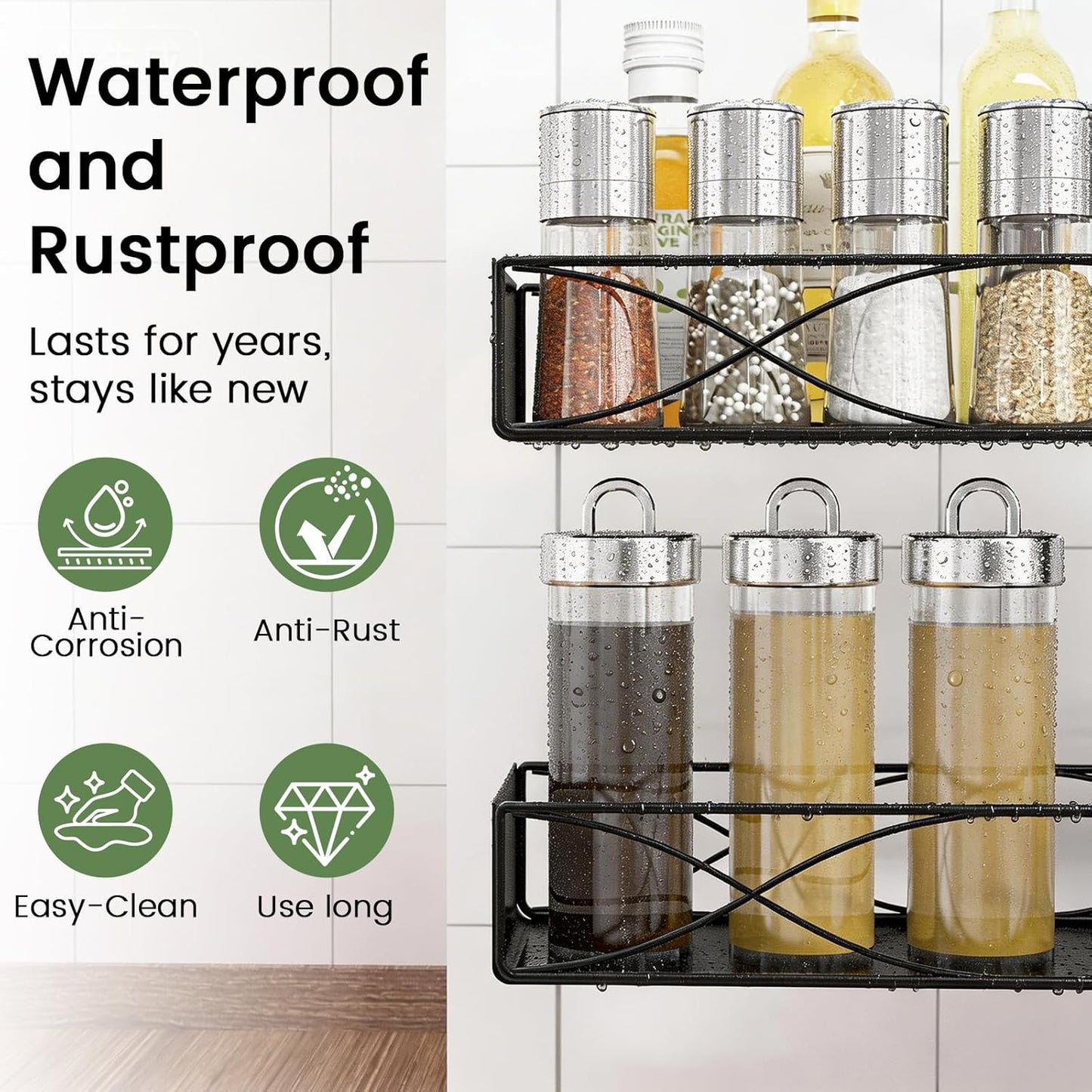 Spice Rack Organizer Tension Pole, 4-Tier Adjustable Spice Organizer | 16.5-23.6 Inch, Seasoning Organizer for Countertop, Space-Saving Spice Storage Corner Shelf for Kitchen, Coffee Area,No Drill