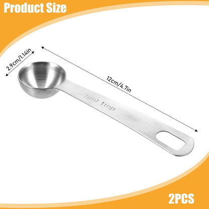 2Pcs 1 Teaspoon(1 Tsp | 1/3 Tbsp | 5 Ml | 5 Cc | 1/6 Oz) Measuring Spoons Stainless Steel Single Measuring Spoon Long Handle Scoop for Measuring Coffee Pet Food Grains Protein Spices Dry Goods -Silver