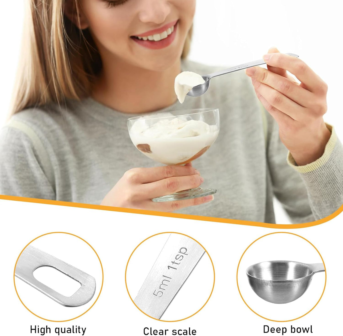 2Pcs 1 Teaspoon(1 Tsp | 1/3 Tbsp | 5 Ml | 5 Cc | 1/6 Oz) Measuring Spoons Stainless Steel Single Measuring Spoon Long Handle Scoop for Measuring Coffee Pet Food Grains Protein Spices Dry Goods -Silver