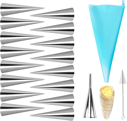 Non-stick Cream Cannoli Tubes, 12 Pcs Stainless Steel Baking Cones Pastry Roll Horn Croissant Mold Cannoli Shells with 1 Clean Brush - Pastry Baking Set for Christmas Cake Anniversary Party