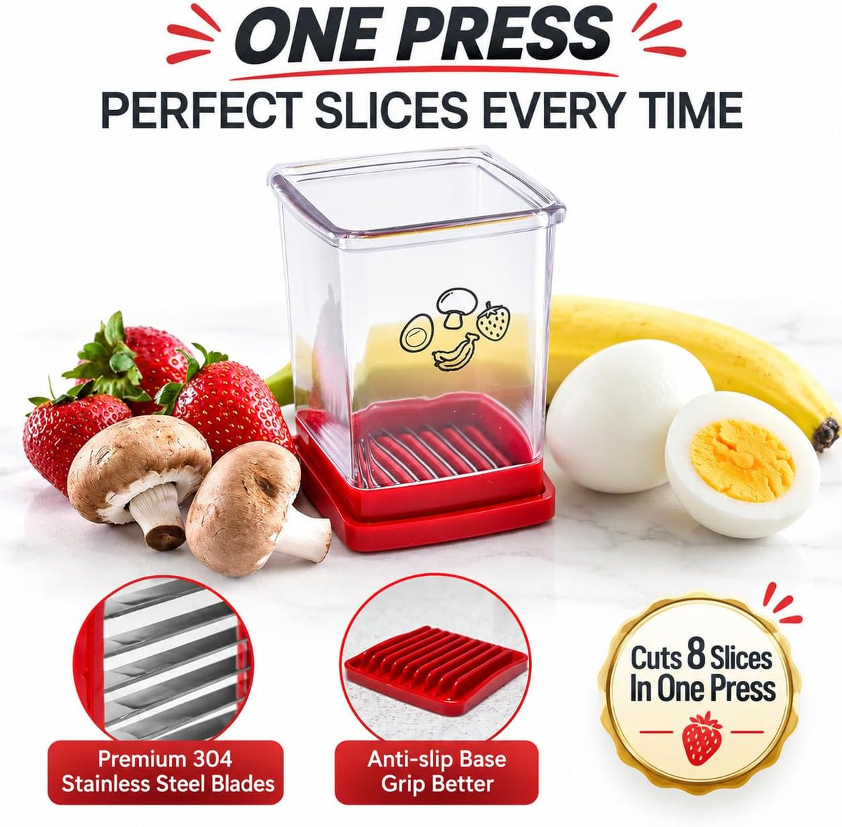 Fruit Cutter and Chopper – Cup Slicer for Strawberry, Grape, Banana, Mushroom, Kitchen Gadget for Fruits and Vegetables, Compact Slicing Tool
