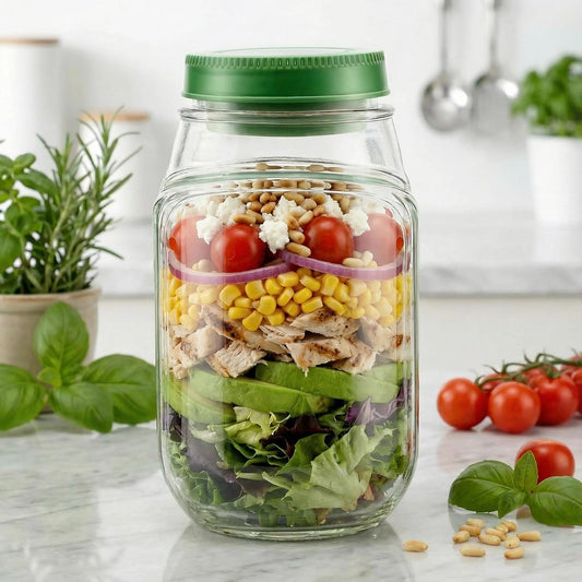 Salad Jar with Side Opening, Mason Jar Salad Leak Proof Dressing Container for Lunch with Dressing Compartment, Dishwasher Safe Meal Prep Box for Meal Prep Food Jars, Home, Office, Travel