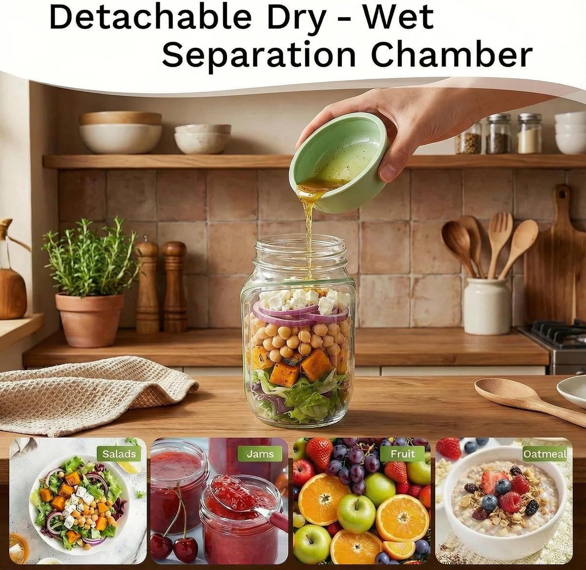 Salad Jar with Side Opening, Mason Jar Salad Leak Proof Dressing Container for Lunch with Dressing Compartment, Dishwasher Safe Meal Prep Box for Meal Prep Food Jars, Home, Office, Travel