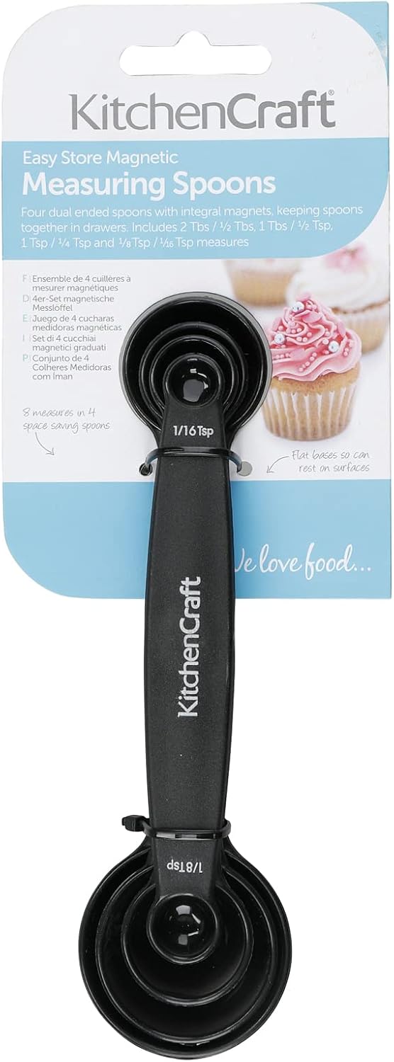 Magnetic Measuring Spoons Set Stainless Steel Stackable Dual Sided Teaspoons and Tablespoons for Measuring Dry and Liquid Ingredients, Set of 4, Black