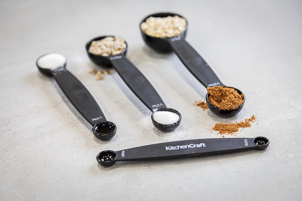 Magnetic Measuring Spoons Set Stainless Steel Stackable Dual Sided Teaspoons and Tablespoons for Measuring Dry and Liquid Ingredients, Set of 4, Black