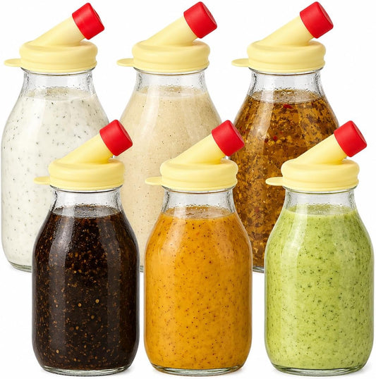 16oz Glass Salad Dressing Shaker Bottle Dispenser Container with Tamper-Proof Lid and Silicone Pour Spout 6 Pack