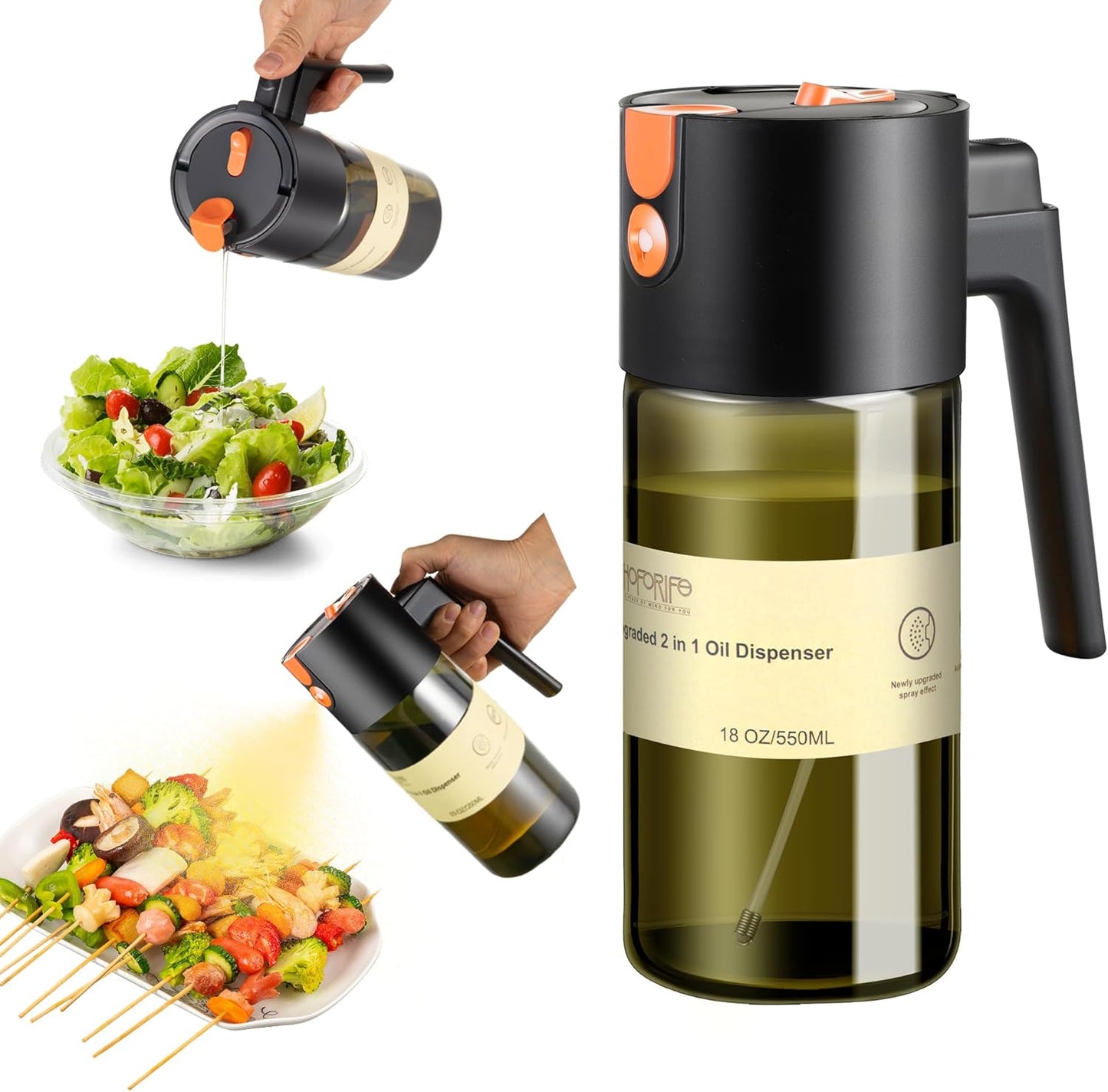 Glass 2 In 1 Olive Oil Dispenser Bottle for Kitchen Gadgets, Olive Oil Sprayer for Cooking 17oz/500ml (Light Blockage, Black)