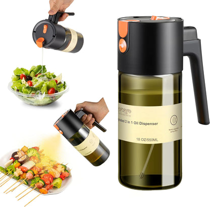 Glass 2 In 1 Olive Oil Dispenser Bottle for Kitchen Gadgets, Olive Oil Sprayer for Cooking 17oz/500ml (Light Blockage, Black)