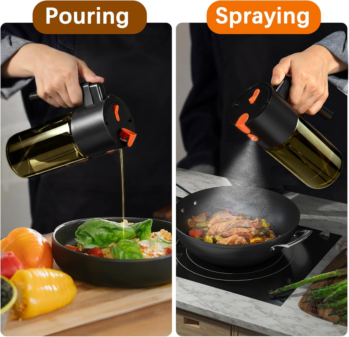 Glass 2 In 1 Olive Oil Dispenser Bottle for Kitchen Gadgets, Olive Oil Sprayer for Cooking 17oz/500ml (Light Blockage, Black)