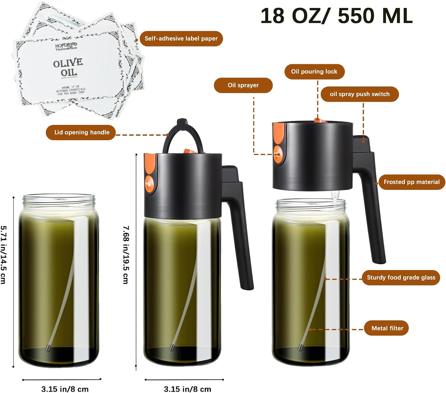 Glass 2 In 1 Olive Oil Dispenser Bottle for Kitchen Gadgets, Olive Oil Sprayer for Cooking 17oz/500ml (Light Blockage, Black)