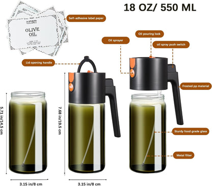 Glass 2 In 1 Olive Oil Dispenser Bottle for Kitchen Gadgets, Olive Oil Sprayer for Cooking 17oz/500ml (Light Blockage, Black)