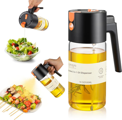 Glass 2 In 1 Olive Oil Dispenser Bottle for Kitchen Gadgets, Olive Oil Sprayer for Cooking 17oz/500ml (Light Blockage, Black)