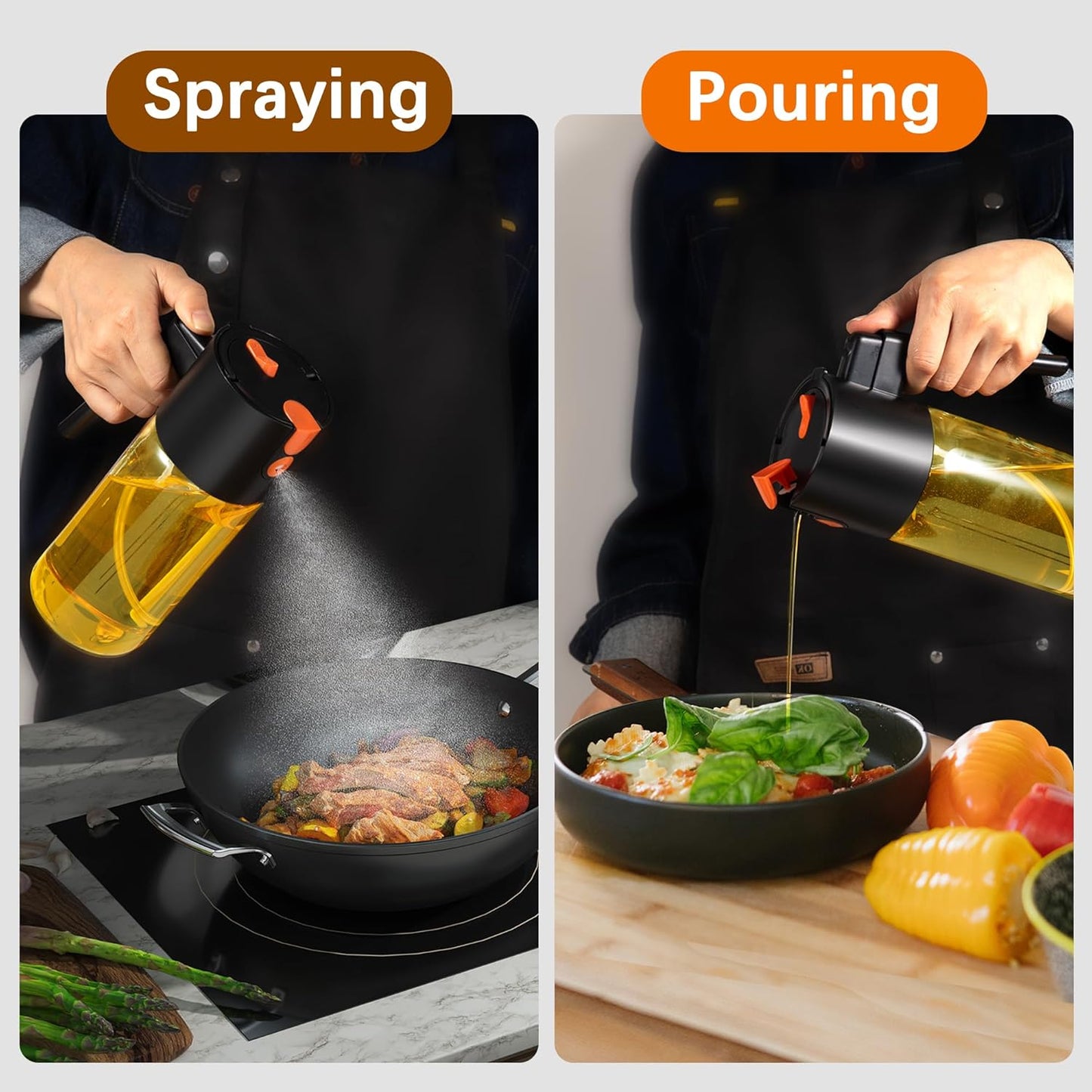 Glass 2 In 1 Olive Oil Dispenser Bottle for Kitchen Gadgets, Olive Oil Sprayer for Cooking 17oz/500ml (Light Blockage, Black)
