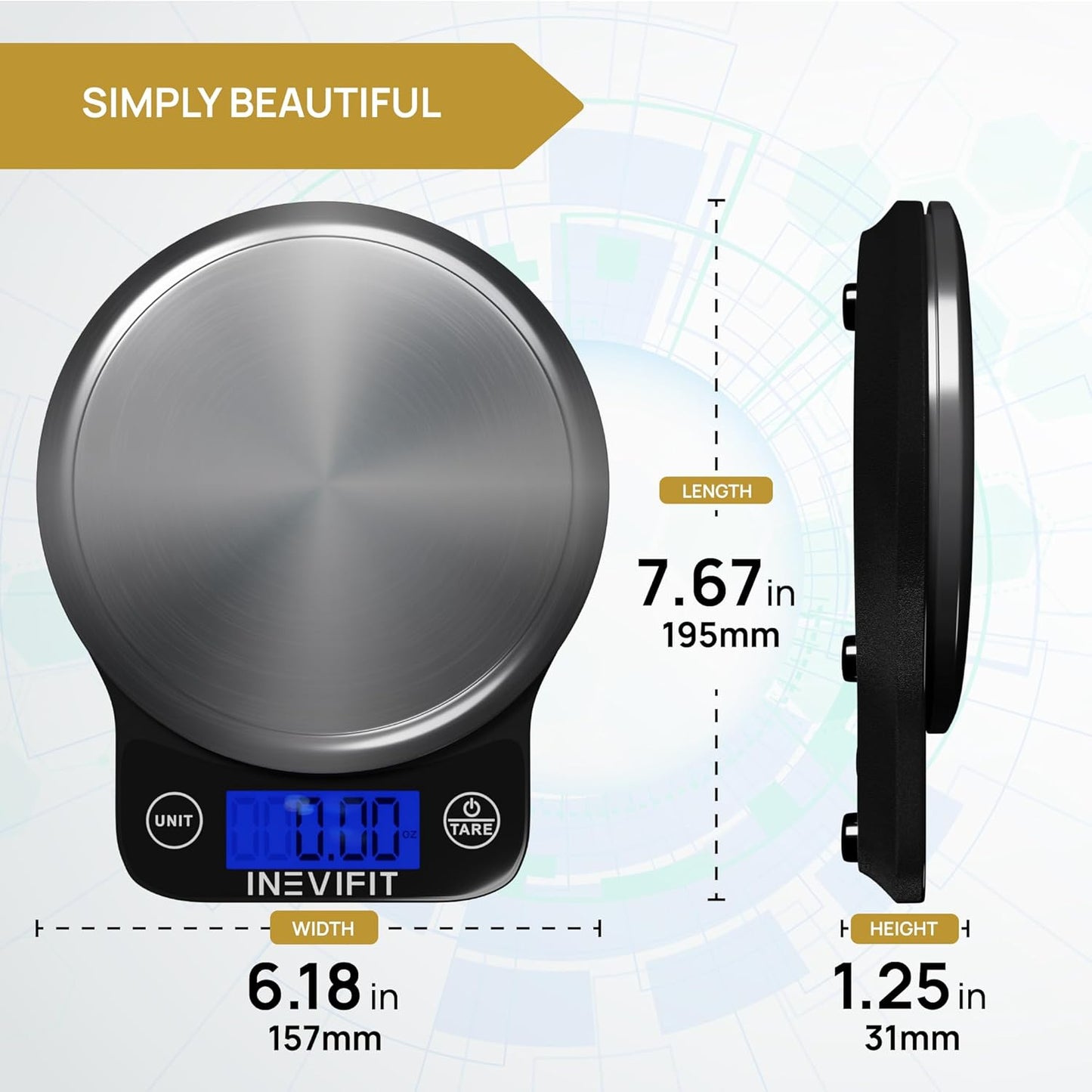 Digital Kitchen Scale, Highly Accurate Multifunction Food Scale 13 lbs 6kgs Max, Clean Modern Black with Premium Stainless Steel Finish. Includes Batteries