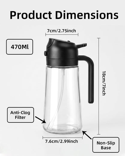 16oz/470ml Oil Sprayer for Cooking, 2 in 1 Oil Dispenser for Kitchen, Olive Oil Sprayer, Food Grade Glass Bottle for Kitchen Gadgets, Air Fryer Accessories, Salad, BBQ (Black)
