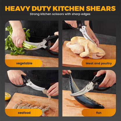 Poultry Shears, Heavy Duty Poultry Scissors & Chicken Shears for Easier Spatchcock, Cutting Chicken Bones, Meat, Turkey, Fish & Herbs. Spring-Loaded, Safety Lock & Dishwasher Safe