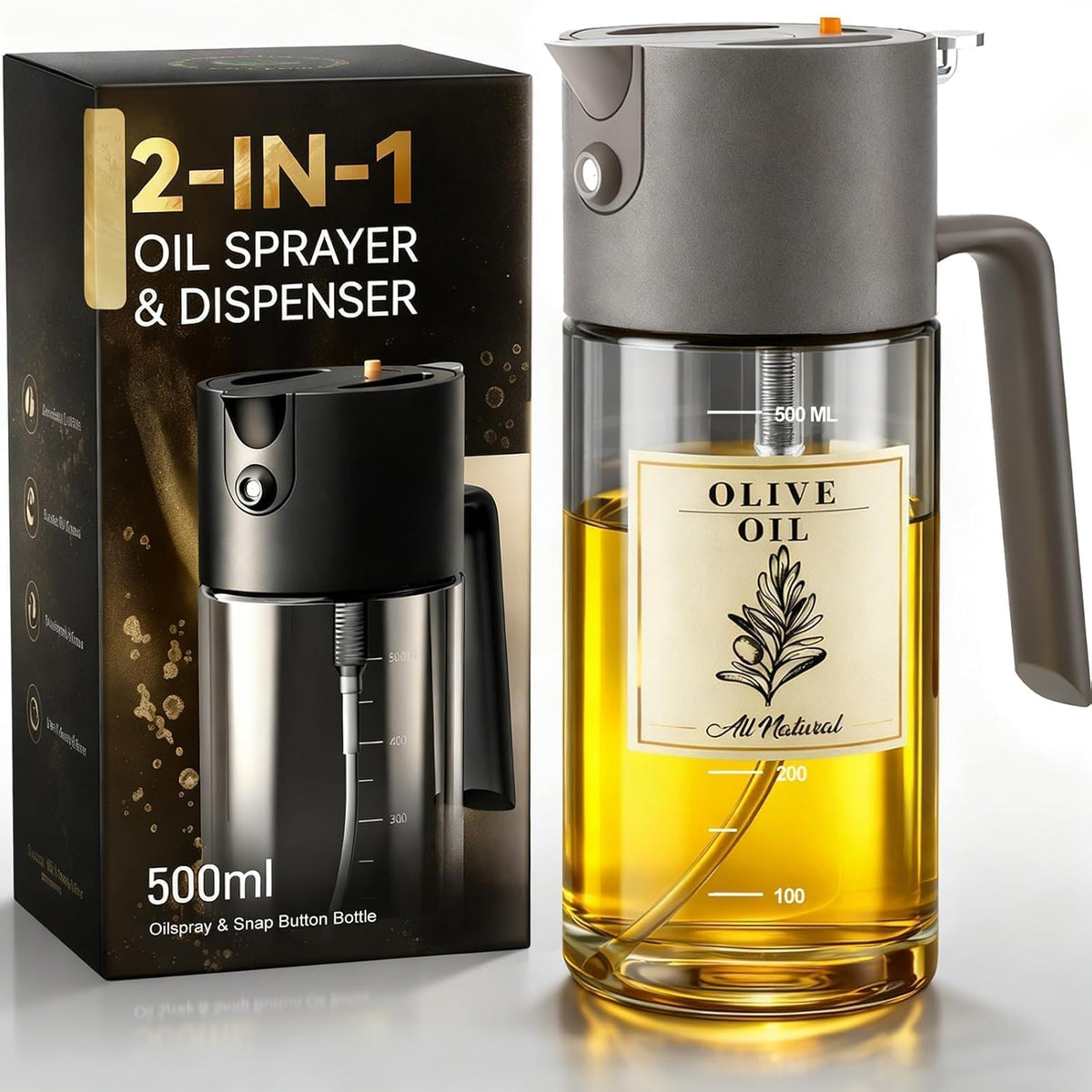Professional 500ml Glass Oil Sprayer - 3-in-1 Kitchen Tool: Fine Mist, Stream & Pour | Leak-Proof Design for Air Fryer, BBQ & Cooking | BPA-Free