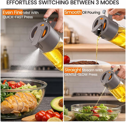 Professional 500ml Glass Oil Sprayer - 3-in-1 Kitchen Tool: Fine Mist, Stream & Pour | Leak-Proof Design for Air Fryer, BBQ & Cooking | BPA-Free