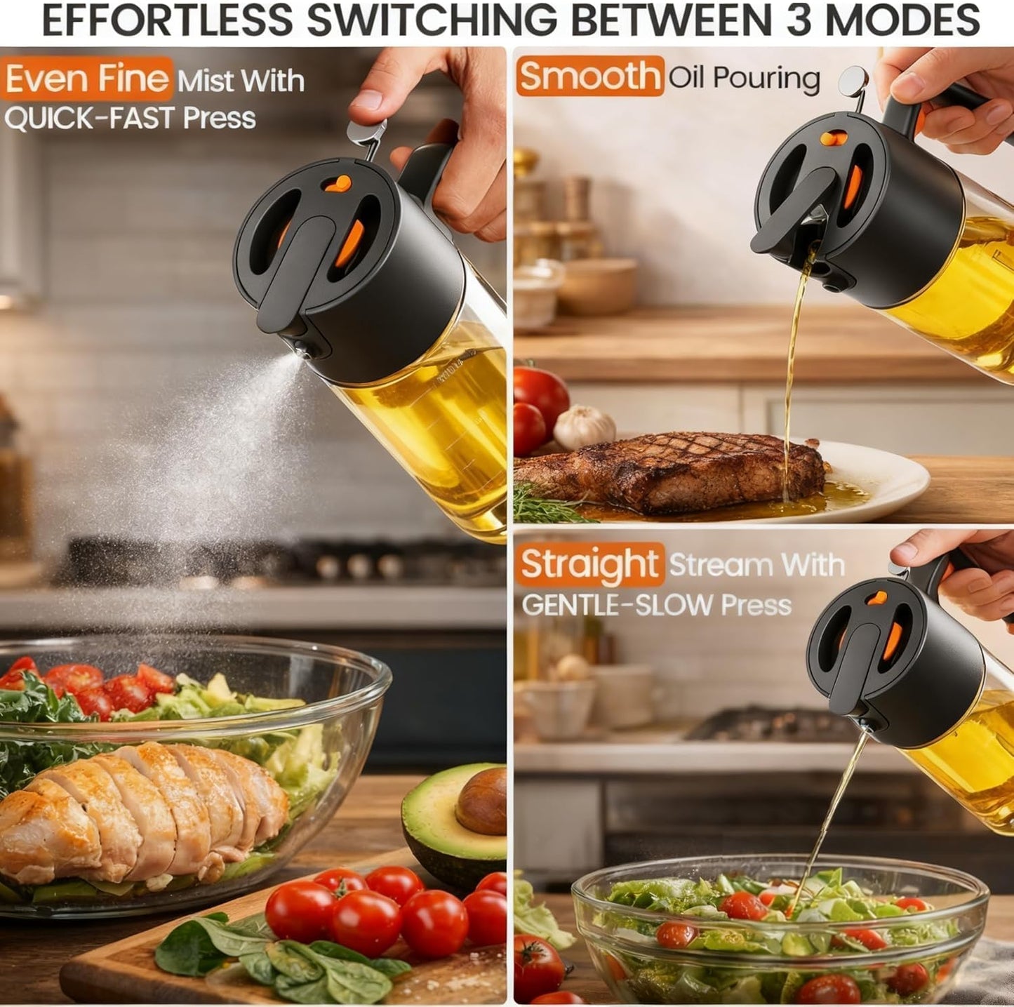 Professional 500ml Glass Oil Sprayer - 3-in-1 Kitchen Tool: Fine Mist, Stream & Pour | Leak-Proof Design for Air Fryer, BBQ & Cooking | BPA-Free