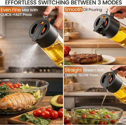 Professional 500ml Glass Oil Sprayer - 3-in-1 Kitchen Tool: Fine Mist, Stream & Pour | Leak-Proof Design for Air Fryer, BBQ & Cooking | BPA-Free