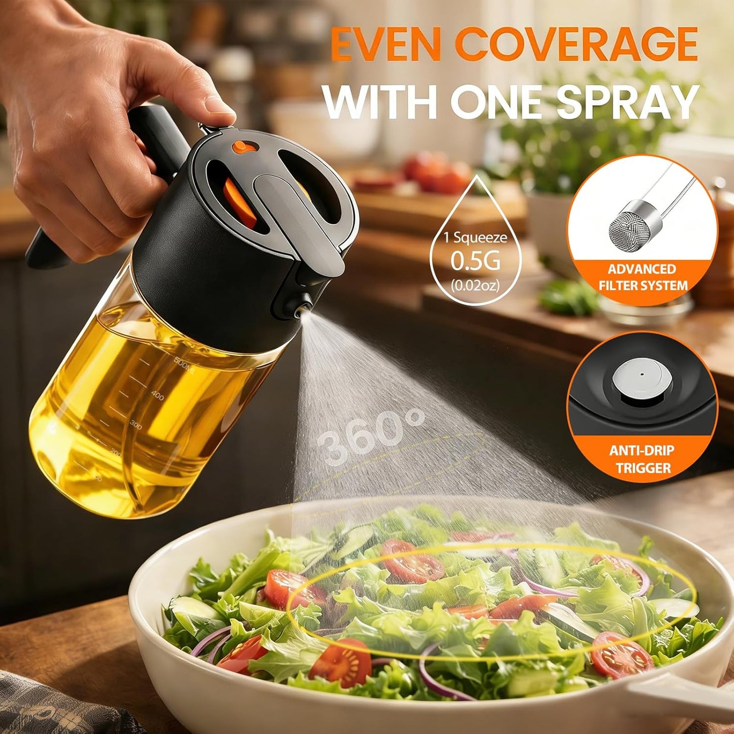 Professional 500ml Glass Oil Sprayer - 3-in-1 Kitchen Tool: Fine Mist, Stream & Pour | Leak-Proof Design for Air Fryer, BBQ & Cooking | BPA-Free