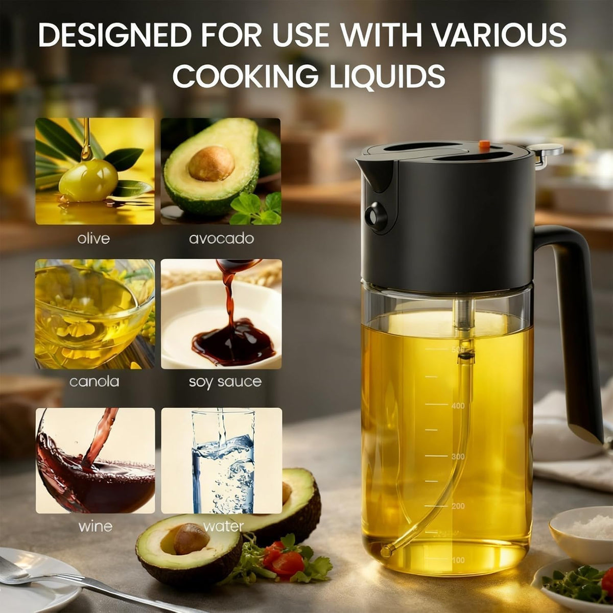 Professional 500ml Glass Oil Sprayer - 3-in-1 Kitchen Tool: Fine Mist, Stream & Pour | Leak-Proof Design for Air Fryer, BBQ & Cooking | BPA-Free