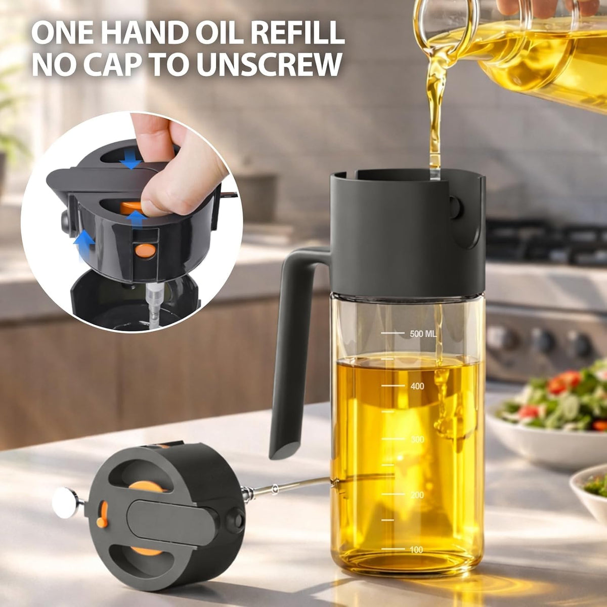 Professional 500ml Glass Oil Sprayer - 3-in-1 Kitchen Tool: Fine Mist, Stream & Pour | Leak-Proof Design for Air Fryer, BBQ & Cooking | BPA-Free