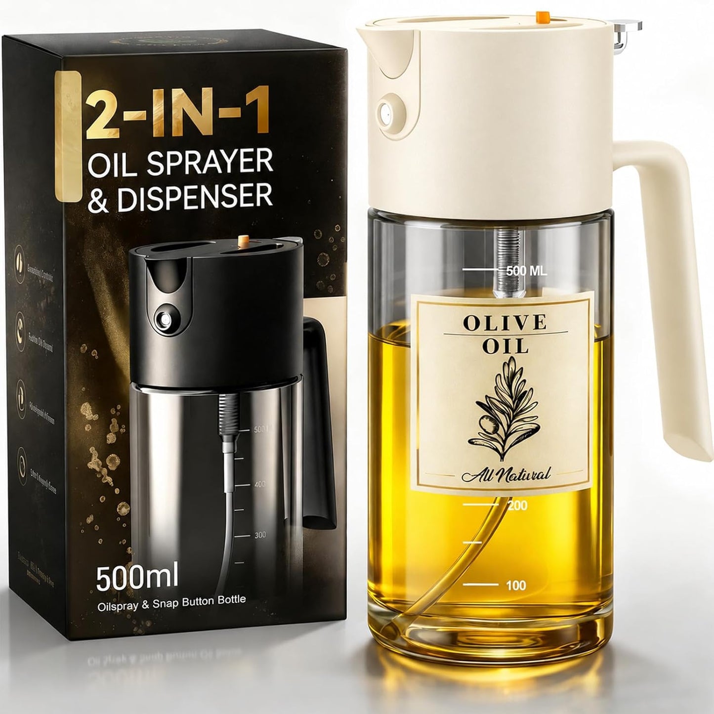 Professional 500ml Glass Oil Sprayer - 3-in-1 Kitchen Tool: Fine Mist, Stream & Pour | Leak-Proof Design for Air Fryer, BBQ & Cooking | BPA-Free