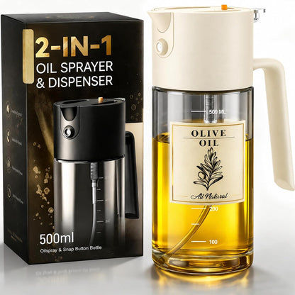 Professional 500ml Glass Oil Sprayer - 3-in-1 Kitchen Tool: Fine Mist, Stream & Pour | Leak-Proof Design for Air Fryer, BBQ & Cooking | BPA-Free