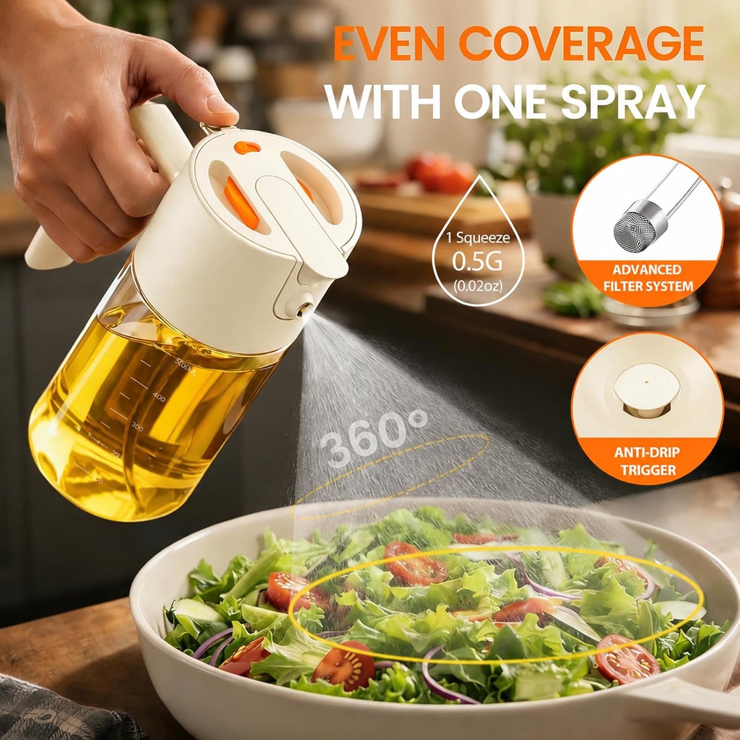Professional 500ml Glass Oil Sprayer - 3-in-1 Kitchen Tool: Fine Mist, Stream & Pour | Leak-Proof Design for Air Fryer, BBQ & Cooking | BPA-Free