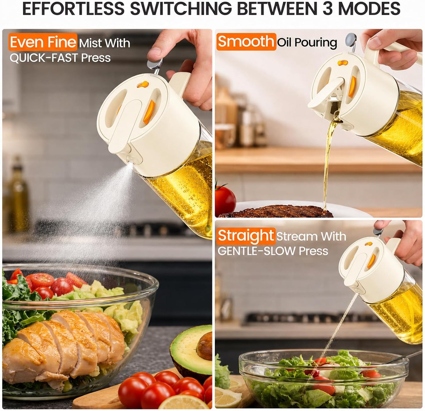 Professional 500ml Glass Oil Sprayer - 3-in-1 Kitchen Tool: Fine Mist, Stream & Pour | Leak-Proof Design for Air Fryer, BBQ & Cooking | BPA-Free