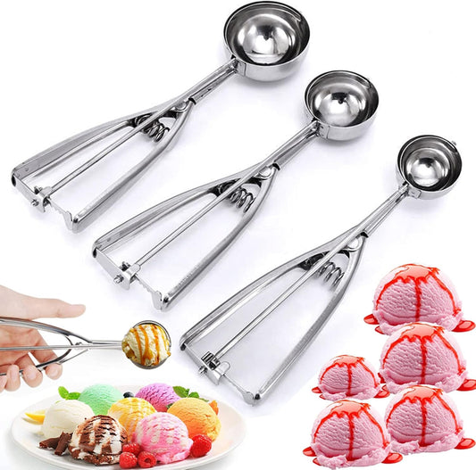 Cookie Scoop, Ice Cream Scooper set with Trigger, Small, Medium and Large Stainless Steel Cookie Scoops Set of 3 for Baking, Ergonomic Handle Cookie Dough Scoop, 3 PACK