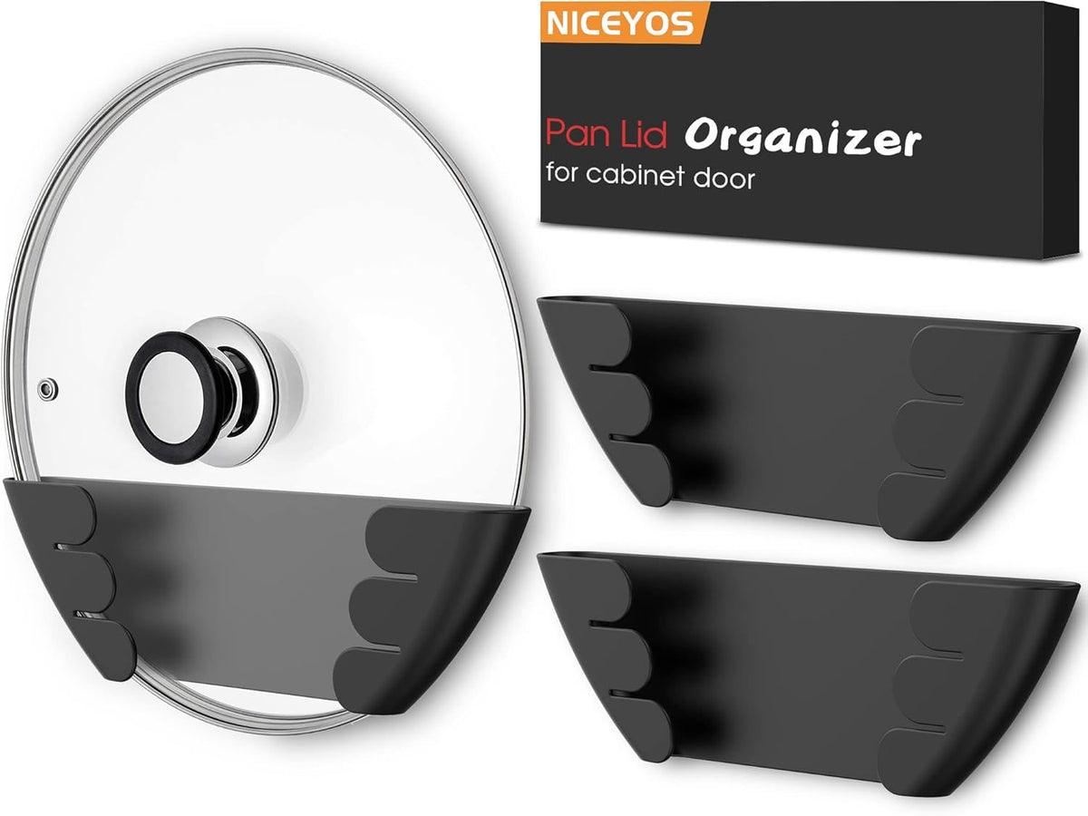 Universal Pot Lid Organizer for Cabinet - Upgraded Patented 3 Pack Inside Cabinet Door Wall Mount Pan Top Storage Organizer Rack Holder for Kitchen, Fits 6" to 13" (Black)