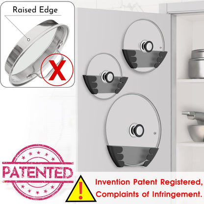 Universal Pot Lid Organizer for Cabinet - Upgraded Patented 3 Pack Inside Cabinet Door Wall Mount Pan Top Storage Organizer Rack Holder for Kitchen, Fits 6" to 13" (Black)