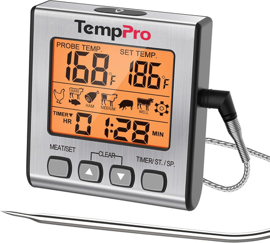 Digital Meat Thermometer for Cooking and Grilling, BBQ Food Thermometer with Backlight and Kitchen Timer, Grill Temperature Probe Thermometer for Smoker, Oven, Baking,Oil(Previously ThermoPro)