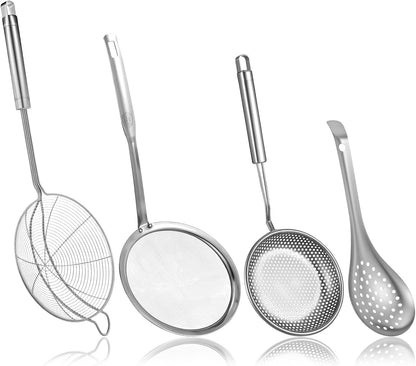 4 Pieces Spider Strainer Skimmer Spoon Set, Fine Mesh Strainer and Fat Skimmer Spoon Set, Stainless Steel Metal With HoleSieve Food Strainers with Hanging Holes, for Cooking, Fat, Grease, Floating Foa