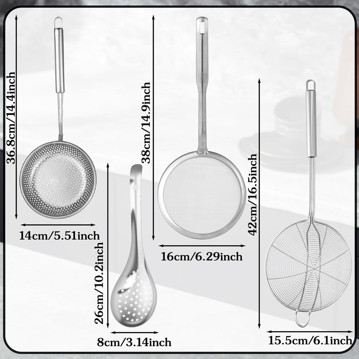 4 Pieces Spider Strainer Skimmer Spoon Set, Fine Mesh Strainer and Fat Skimmer Spoon Set, Stainless Steel Metal With HoleSieve Food Strainers with Hanging Holes, for Cooking, Fat, Grease, Floating Foa
