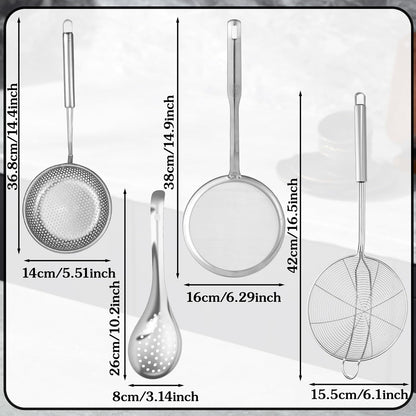 4 Pieces Spider Strainer Skimmer Spoon Set, Fine Mesh Strainer and Fat Skimmer Spoon Set, Stainless Steel Metal With HoleSieve Food Strainers with Hanging Holes, for Cooking, Fat, Grease, Floating Foa